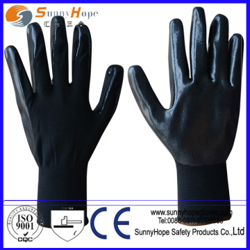 13g nylon smooth finish black nitrile palm glove